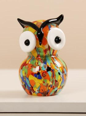 艺术琉璃彩色猫头鹰爱动物设计师款客厅酒柜样板房桌面装饰