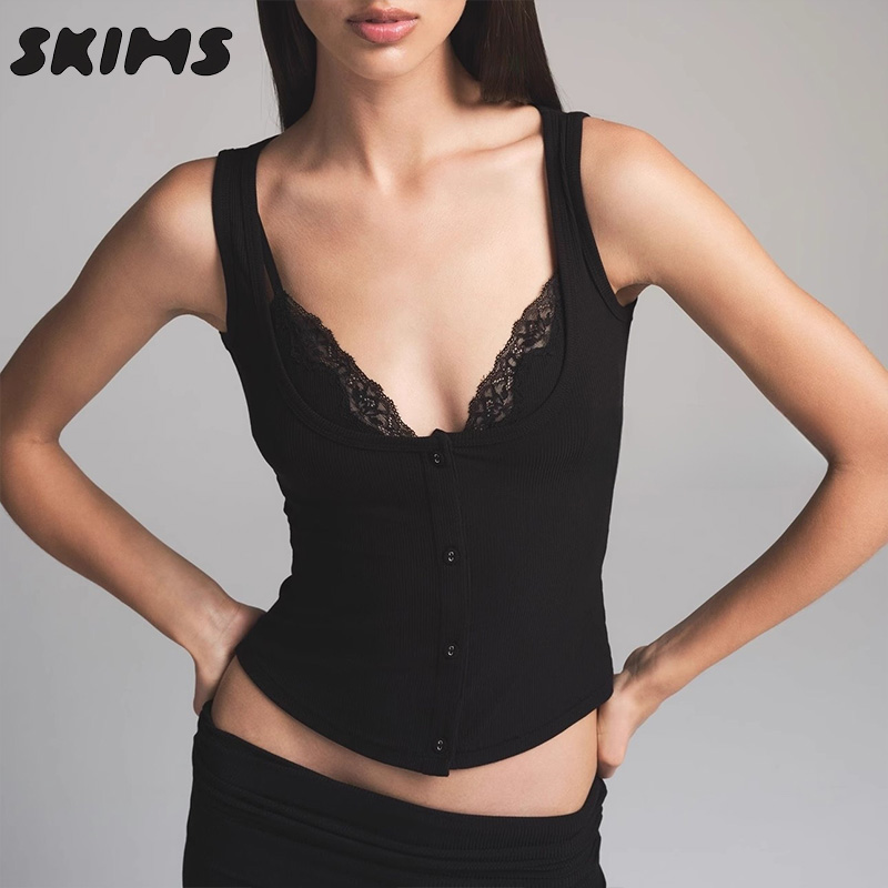 SKIMS HIRE SOFT LOUNGE情人节蕾丝假两件短袖开衫吊带背心上衣女 - 图1