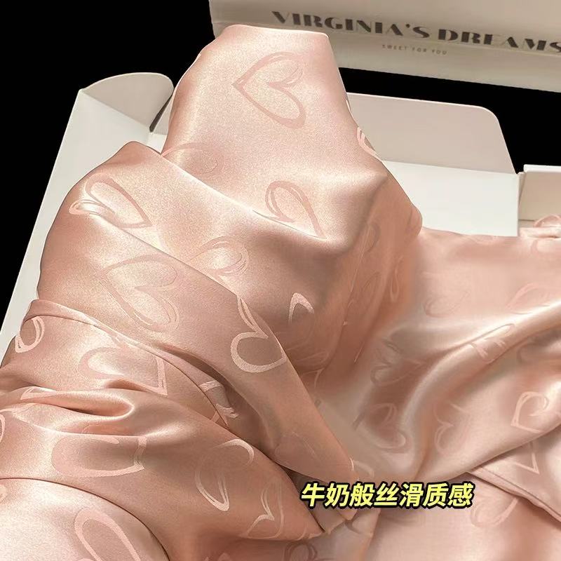 春秋带胸垫真丝长袖睡衣女桑蚕丝高级亲肤三件套送闺蜜女友礼盒装