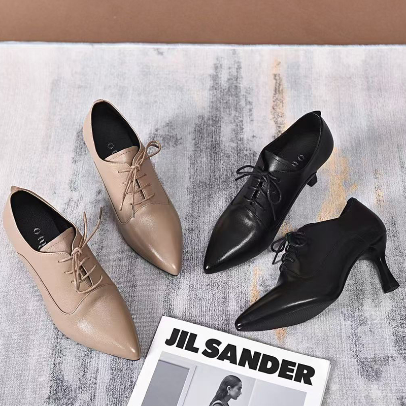 2025春秋新款细跟深口高跟鞋气质真皮尖头单鞋系带百搭黑色女皮鞋 - 图3
