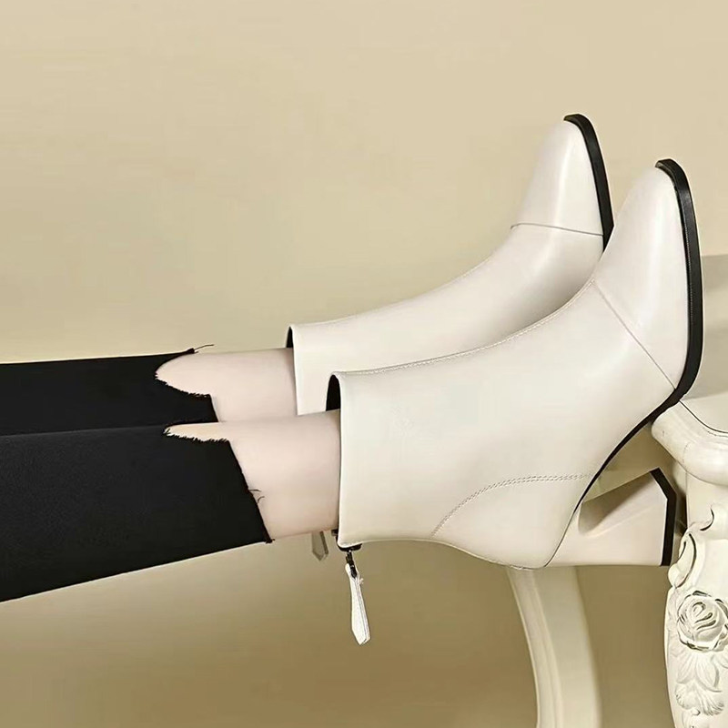 2025新款春秋季小短靴女粗跟中跟单靴方头踝靴高跟女鞋秋冬真皮鞋,淘宝优惠券,粉丝福利购,淘宝优惠卷