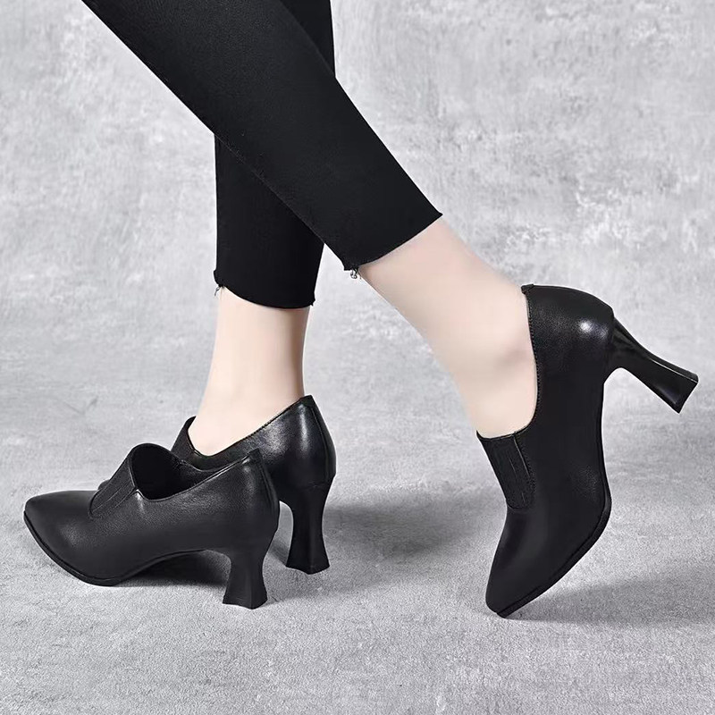 真皮气质高跟鞋女2025年春季新款尖头深口一脚蹬百搭中跟小皮鞋女,淘宝优惠券,粉丝福利购,淘宝优惠卷