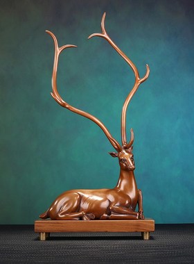 紫铜梅花鹿摆件一对客厅电视柜酒柜装饰品麋鹿工艺品乔迁开业礼品