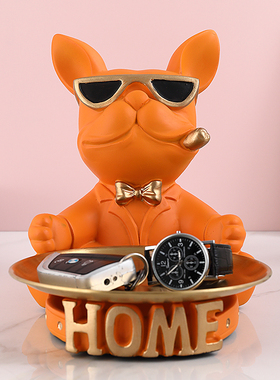 创意法斗犬托盘进门口玄关钥匙收纳摆件客厅电视柜家居装饰品入户