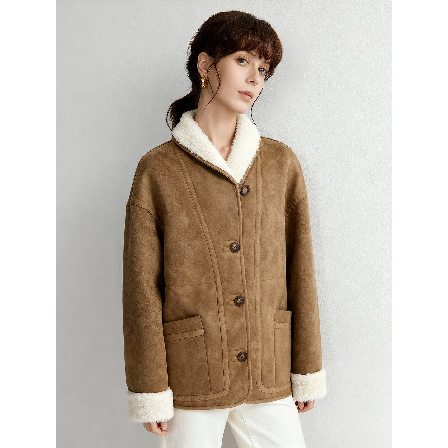 Basic House/百家好26冬季新款拼接皮毛一体短外套女保暖百搭上衣,淘宝优惠券,粉丝福利购,淘宝优惠卷