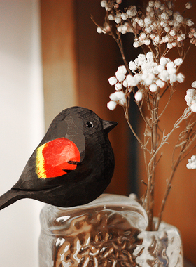 三件 鹿妖商店 红翅黑鹂 红翼鸫 肥啾鸟 纯手工木雕创意