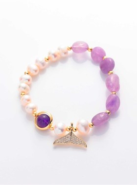 淡水珍珠手链女简约紫晶草莓晶粉晶手串紫水晶简约闺蜜爱情手饰