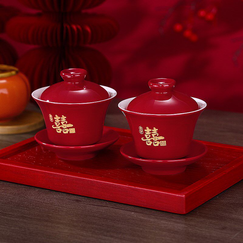 Wedding tea cups, a pair of tea toast set, red cover bowl, special dowry cup, wedding tea set, wedding bowl, bowl