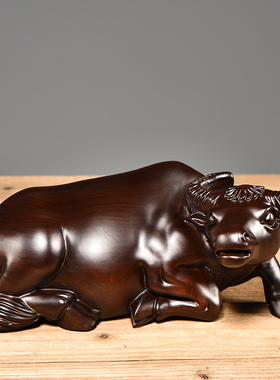 黑檀木雕水牛摆件 实木质十二生肖牛红木卧牛家居装饰雕刻工艺品