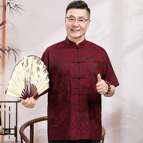中老年唐装男夏季薄款短袖套装冰丝衬衫爸爸装中国风60岁70爷爷装 - 图3