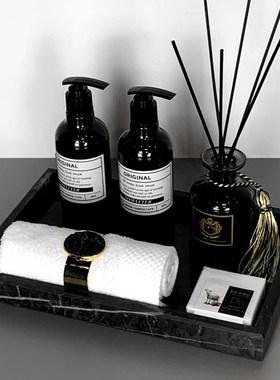 卫生间浴室摆件套装样板房展厅香薰灰色大理石托盘毛巾扣软装饰品
