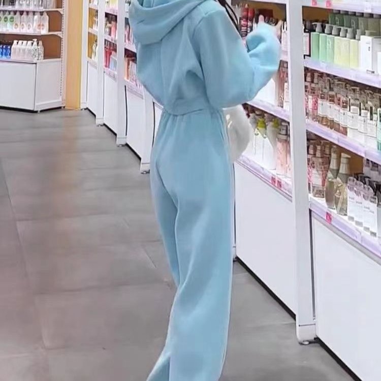 韩国蓝色运动服套装女春秋新款宽松小个子减龄卫衣时尚休闲两件套 - 图0