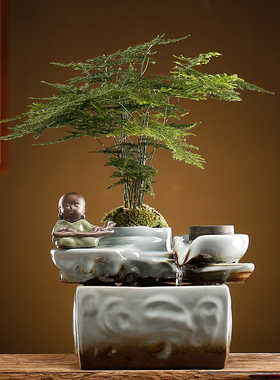 招财流水摆件转动石磨室内摆设办公室创意开业礼品陶瓷客厅送礼品