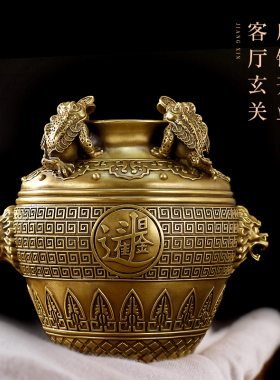 聚宝盆纯铜黄铜米缸铜缸金蟾店铺开业送人礼品客厅卧室工艺品摆件