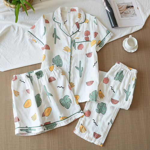 三件套睡衣女士春夏秋款纯棉纱布短袖短裤长裤家居服套装薄款宽松 - 图1