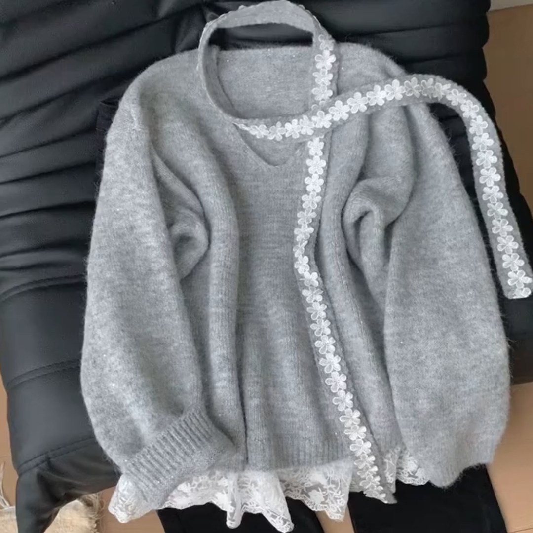 法式蕾丝边V领挂脖大码针织衫2025秋冬时尚慵懒风别致软糯毛衣女,淘宝优惠券,粉丝福利购,淘宝优惠卷