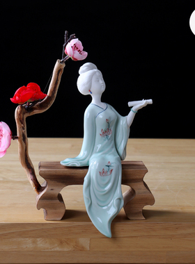 新中式陶瓷古典仕女摆件创意软装青瓷客厅办公室玄关装饰礼品摆件
