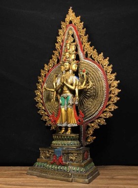 铜彩绘千手观音佛摆件纯铜十一面千手千眼观世音菩萨家用供养佛像