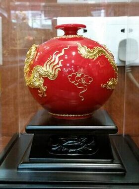 福建特色鹭艺轩漆线雕4寸天方地圆龙凤红瓶出国搬家开业庆典结婚
