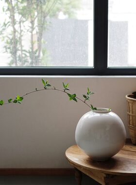 釉面月亮罐花瓶 李朝白瓷花器 简约风格手工陶瓷器皿玄关客厅摆设