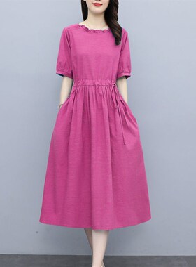 棉麻连衣裙女中长款2024夏季新款气质收腰显瘦遮肚a字裙子有口袋