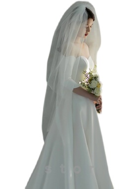 头纱新娘主婚纱双层高级简约森系韩式蓬蓬纱白色结婚礼服头饰短款