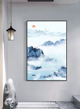 新中式玄关装饰墙画竖版禅意客厅山水挂画中国风书房茶室水墨壁画