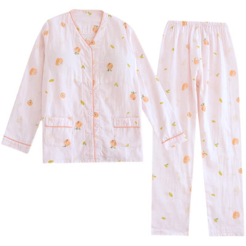 免文胸双层纱布长袖套装睡衣女春秋季薄款家居服宽松带胸垫纯棉夏,淘宝优惠券,粉丝福利购,淘宝优惠卷