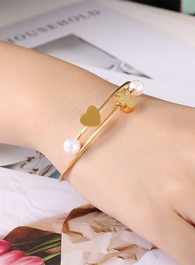 外贸货源 时尚简约不锈钢珍珠爱心手镯天使手环女生礼物三色可选