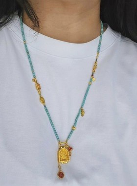 新中式仿绿松石项链多宝串珠毛衣链长款可拆卸挂绳项坠吊坠颈链