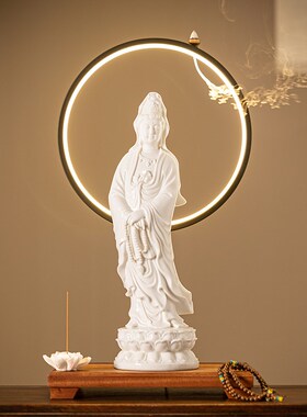 新中式陶瓷站立像观世音菩萨像玄关摆件德化白瓷南海观音家用供奉