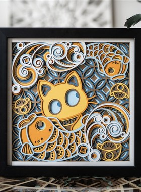 梯木叠雕招财猫创意玄关客厅装饰品摆件高级感小众乔迁礼品工艺品