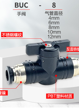 气管开关阀BUC-4/8/6/10/12mm 手阀HVFF气动快速接头手动阀门BUL