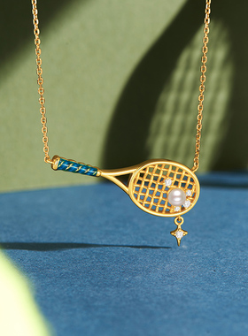 纯银淡水珍珠网球拍吊坠项链原创