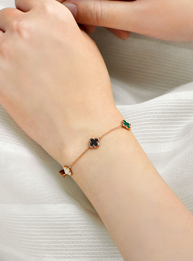 纯银五花四叶草手链女精致玛瑙