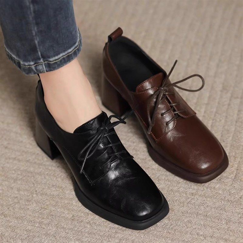 复古系带深口单鞋女2025年新款方头高跟小皮鞋法式粗跟英伦风女鞋,淘宝优惠券,粉丝福利购,淘宝优惠卷