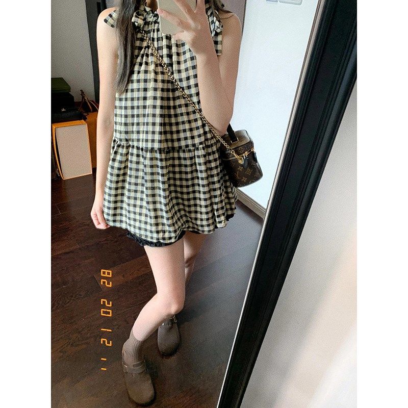 孕妇套装肌理感格纹圆领无袖薄款上衣短裤2024新款休闲两件套夏季,淘宝优惠券,粉丝福利购,淘宝优惠卷