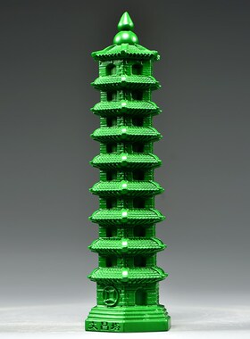 绿色木雕刻层文昌塔摆r件实木头九层文昌塔家居客厅办公室装饰品