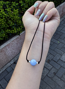 喜饰蓝纹玛瑙玉髓项链女款简约百搭锁骨链小众设计感高级颈链配饰