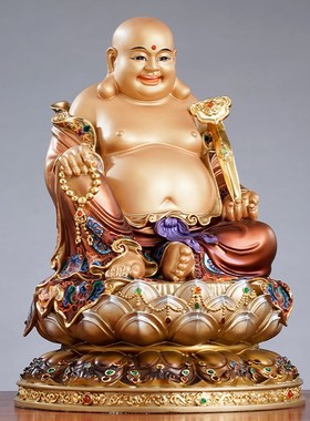 纯铜彩绘弥勒佛大肚开心笑佛像供奉弥勒佛菩萨像店铺开业招财摆件