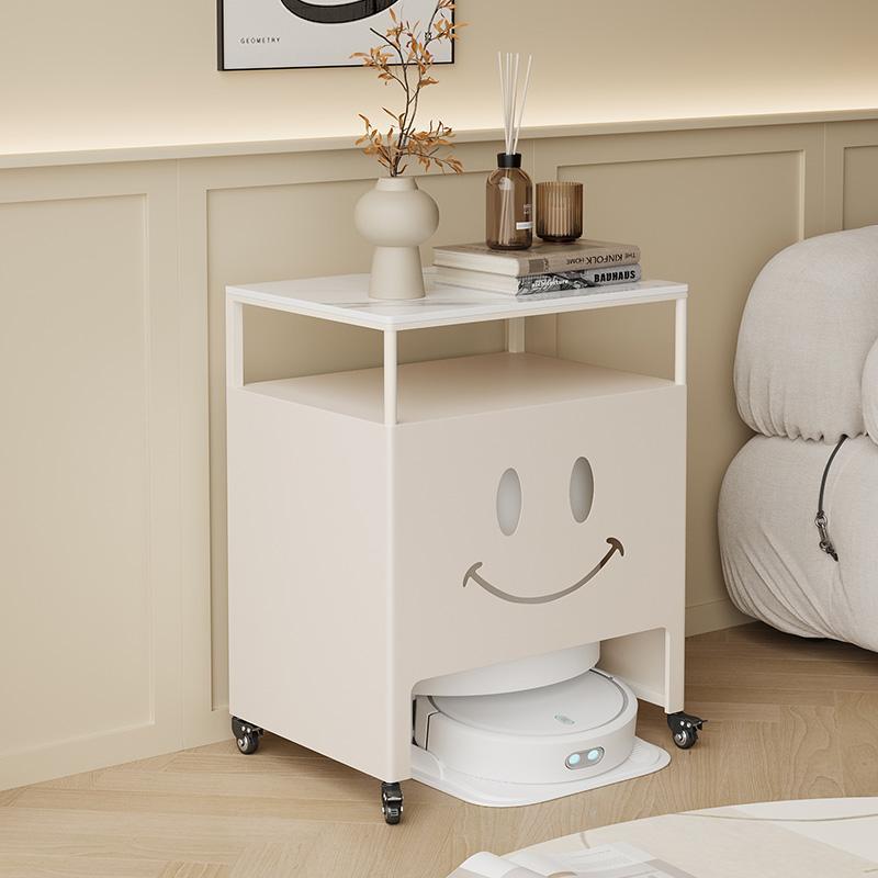 奶油风岩板扫地机器人上方置物架基站柜带轮子扫地机边几鱼缸柜子 - 图0