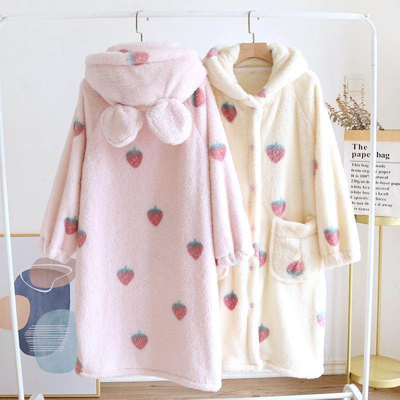 秋冬睡袍加厚草莓连帽睡裙长袖印花粉色连帽睡裙,淘宝优惠券,粉丝福利购,淘宝优惠卷