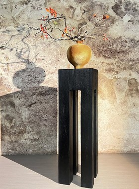 侘寂风玄关实木墩底座柱子客厅木雕中式造景落地摆件民宿碳化树桩