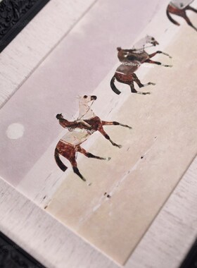 【海边骑马】粉色浪漫法式复古油布装饰画中古黑色雕花框餐厅挂画
