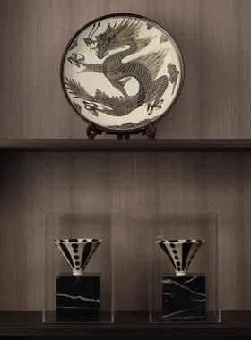 新中式样板间售楼处书房禅意展示柜博古架定窑磁州窑创意花器摆件