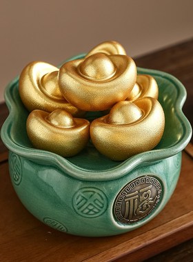 聚宝盆摆件招财聚财陶瓷元宝创意办公室桌面家居客厅饰品开业礼物