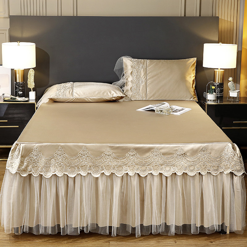 欧式床裙式床罩纯色刺绣蕾丝纱花边床单1.5米1.8x2.0床套夏季防滑,淘宝优惠券,粉丝福利购,淘宝优惠卷