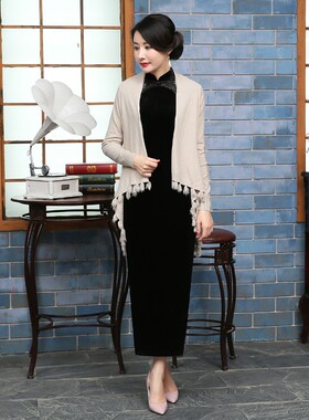 配旗袍外搭外套春秋开衫中长款长袖复古2021新款女针织喜婆婆披肩