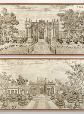郎世宁圆明园清代宫廷建筑装饰画客厅新中式走廊过道挂画横版壁画