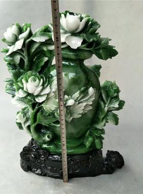 精品独山玉翡翠把件牡丹花瓶摆件 石雕玉石山水工艺品摆件